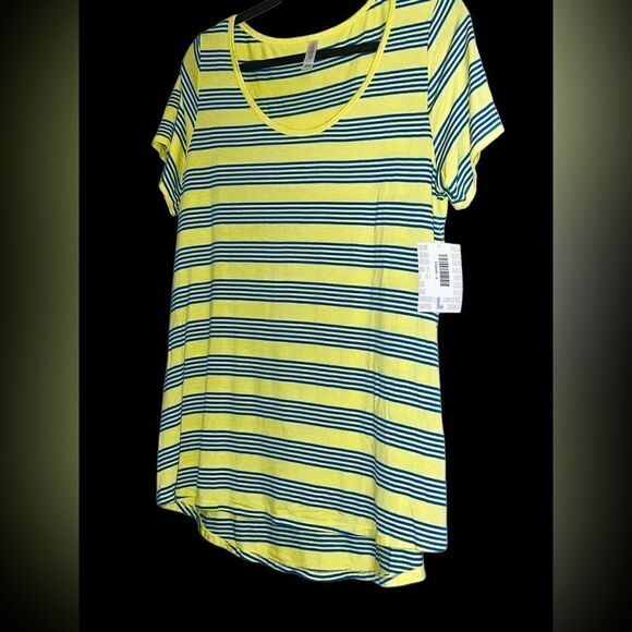 LuLaRoe Women’s Large Yellow w/Blue Stripes Classic Tee Blouse Coastal Comfy - Picture 9 of 16